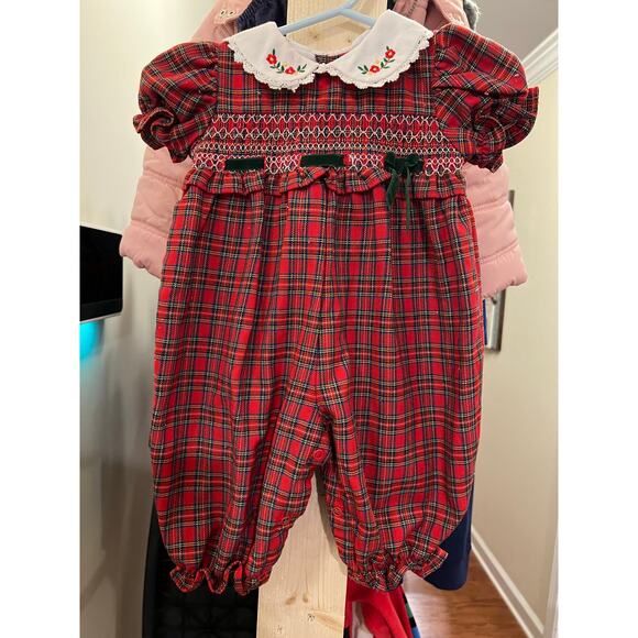 B.T. Kids Red Plaid Smocked Romper 3–6M | Winter Baby Outfit - Picture 1 of 5